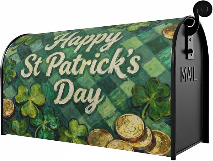 St. Patrick's Day Large Mailbox Covers Magnetic Oversized Green Plaid Shamrock Coin Print Saint Patricks Holiday Outdoor Spring Decorative Letter Box Cases for Home Garden Outside Decor, 25.5x21 Inch