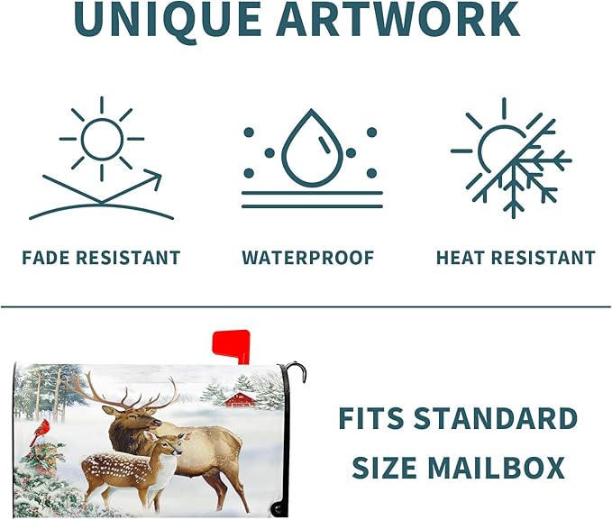 Winter Deer Mailbox Cover Magnetic- Christmas Reindeer Moose Elk Mailbox Wrap- Large Size 25.5x21 Inch Waterproof Letter Post Cover for Garden Yard Outdoor Farmhouse Decor