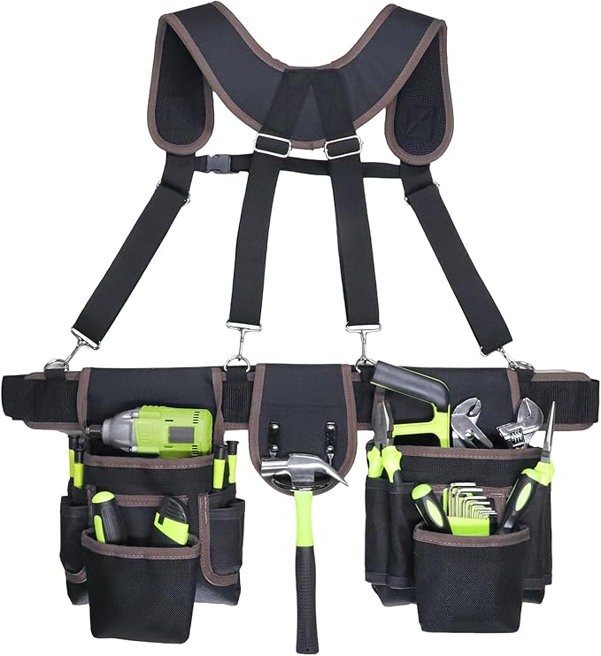 Tool Belt, Tool Belts for Men, 32 to 66 Inches Adjustable Waist, Electrician and Carpenter Tool Belt with Suspenders for Construction and Gardening, Black and Brown