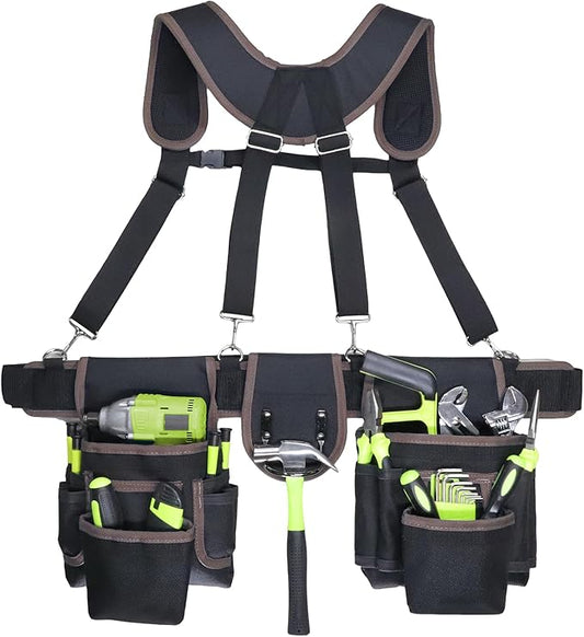Tool Belt, Tool Belts for Men, 32 to 66 Inches Adjustable Waist, Electrician and Carpenter Tool Belt with Suspenders for Construction and Gardening, Black and Brown