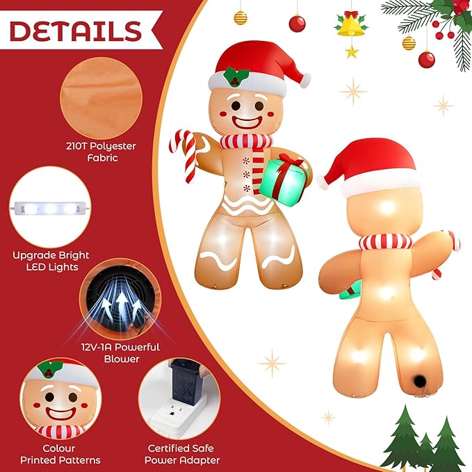 Christmas Inflatable Gingerbread Man, Blow Up Holiday Party Decor with Build-in LED Lights, Waterproof Inflatable Christmas Decorations for Outdoor Roof Yard Lawn Garden Indoor (Brown, 8FT)