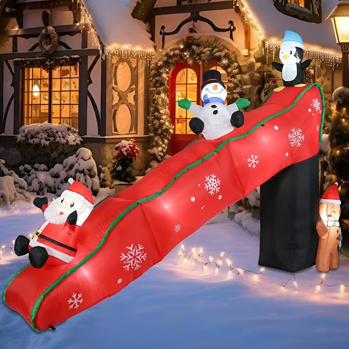 9.7 Ft Long Christmas Inflatables Christmas Blow Up Yard Decorations Christmas Inflatable Santa Clause Snowman Penguin Gingerbread Man Play on Slide Lighted Up Yard Lawn Garden Home Party Decor