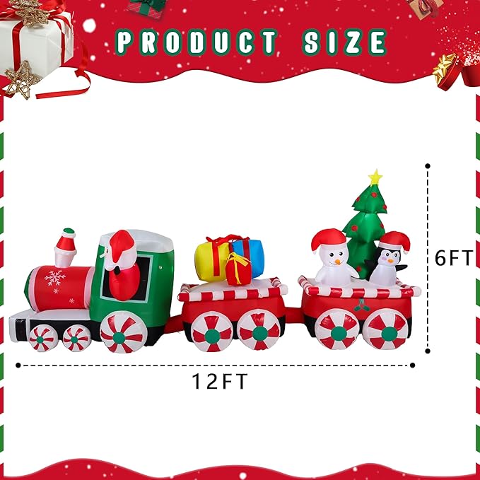 12FT Long Christmas Inflatables Decorations, Outdoor Santa Train Decoration, Giant Blow Up with with Built-in LED Lights for Yard Garden Lawn Holiday Decor