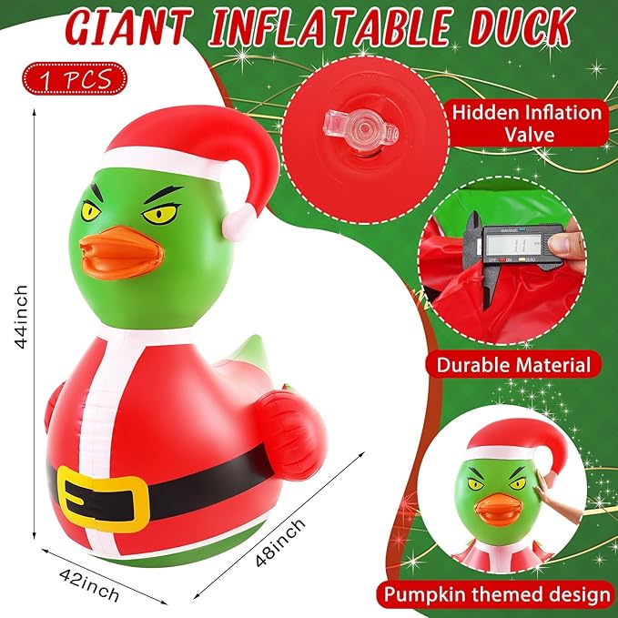 Hungdao 1 Pcs 4 Feet PVC Christmas Giant Inflatable Green Hair Monster Duck Huge Rubber Large Blow up Duck Christmas Pool Floats for Xmas Holiday Indoor Outdoor Pool Decorations
