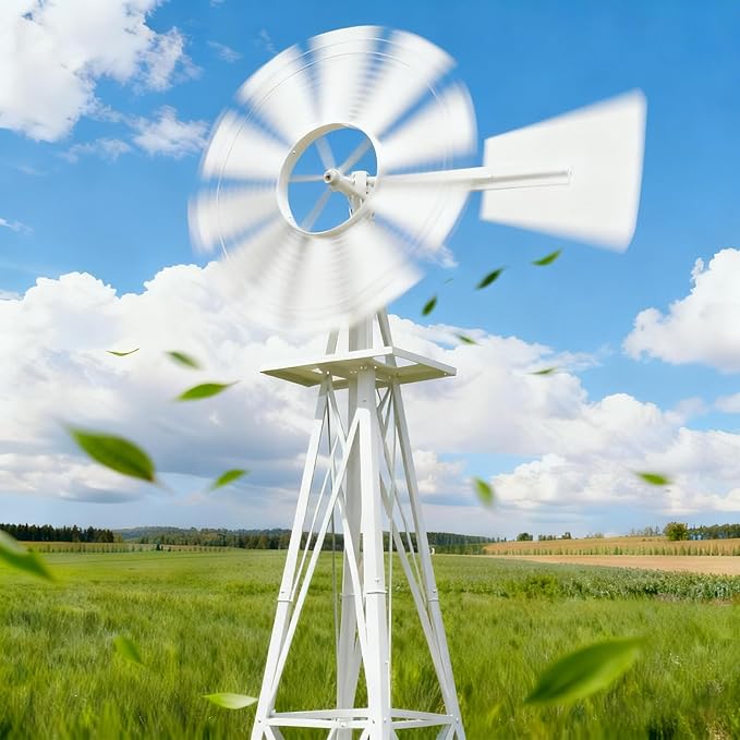 8FT Windmill for Yard Garden Decoration with Weather Vanes，Heavy Duty Outdoor Wind Mills, Large Metal Outdoor Windmill,Weather Resistant,White