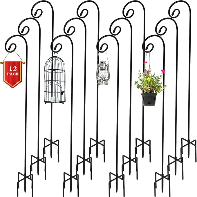 Hicarer 12 Pcs Adjustable Shepherd Hook 48" Tall 1/3in Thick Metal Garden Hook Rust Resistant Steel Hook for Outdoor Hanging Plant Basket Solar Light Lantern Bird Feeder Christmas Wedding Decor