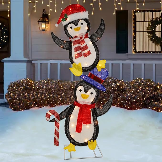 WATERGLIDE Set of 2 Lighted Christmas Tinsel Penguins, Pre-Lit 2D Stacked Penguin with Incandescent Lights, Light Up & Plug in for Indoor Outdoor Festive Xmas Holiday Garden Yard Lawn Decor
