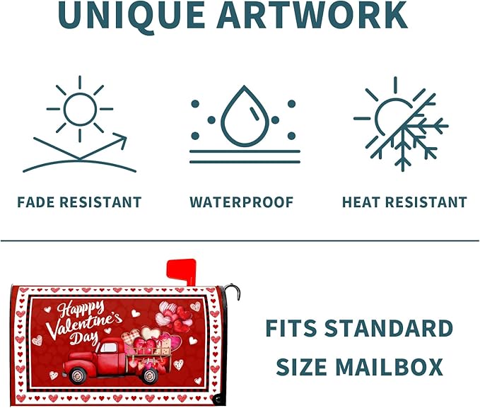 Valentine's Day Magnetic Mailbox Cover Red Heart Mailbox Cover Magnetic Standard Size 21 X 25.5 Inch Red Truck Mailbox Post Cover Mailbox Wraps Mailbox Decor for Home Garden Outdoor Yard