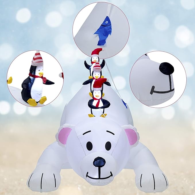 Juegoal Christmas 7.7(L) x 6 FT(H) Inflatables Lighted Polar Bear with Three Penguins, Blow Up White Bear Happy Fishing Penguin, Indoor Outdoor Xmas Winter Decor Lawn Yard Garden Decorations