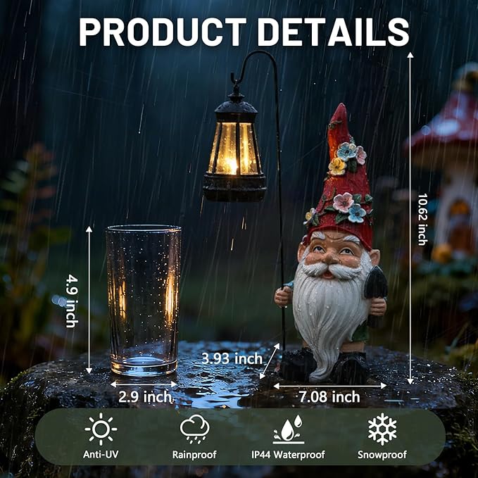 Outdoor Garden Gnome Statue with Solar Light – Outdoor Resin Decor Weatherproof Yard Lawn Ornament with LED Lantern Light Figurine for Patio, Porch, Landscape Housewarming