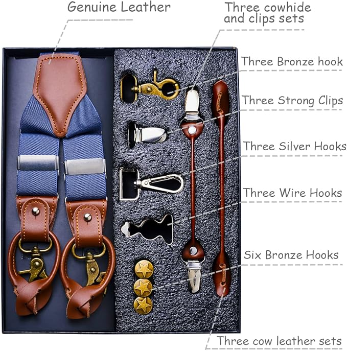 UPSONG Mens Suspenders，Brown Leather Button Tab and Clip Braces Heavy Duty Suspender Wedding Suspenders for Groom Groomsmen