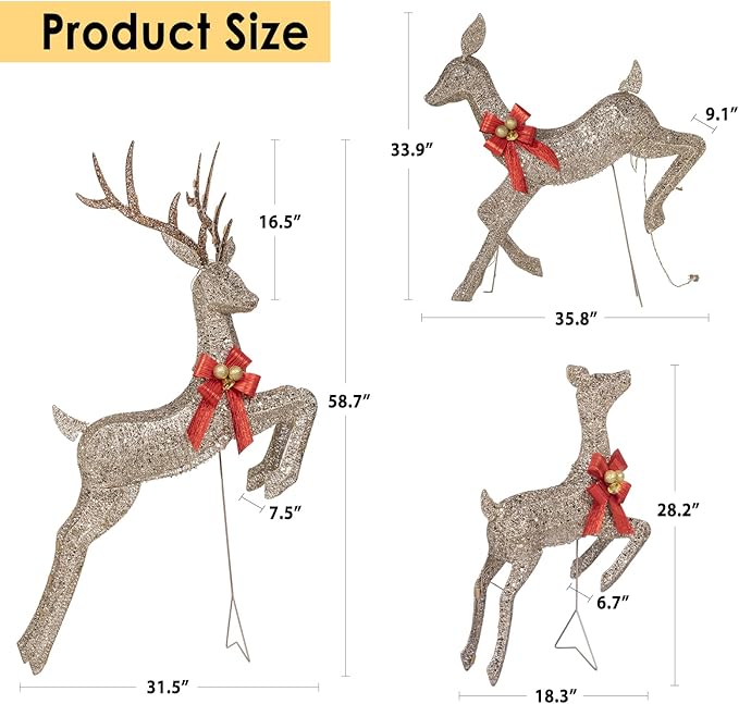 NALONE Large 3 Pieces Lighted Reindeer Family Set, 3D Christmas Deer Decoration with 210 Warm White LED Lights, 4.7 FT Pre-lit Xmas Decor Outdoor Yard with Stakes, Bow Ties, Mat