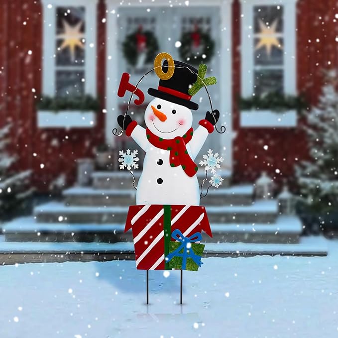 Christmas Outdoor Yard Signs Decorations, LED Solar Metal Garden Stake Lights with Joy for Patio Lawn Christmas Decor (Snowman)