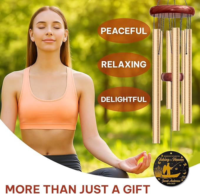 Personalized Gone Fishing Memorial Wind Chime – “Fishing in Heaven” Fisherman Wind Chimes– Custom Name & Dates – Outdoor Sympathy Gift for Men, Dad, or Grandpa – Memorial Garden Decor for Loss