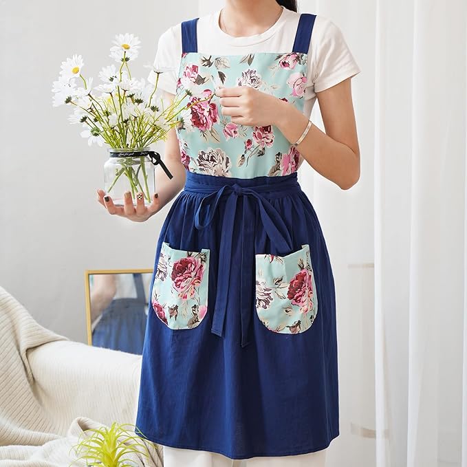 Vintage Pinafore Apron Dress for Women with Pockets Cute Floral Chef Aprons for Kitchen Cooking Baking Gardening