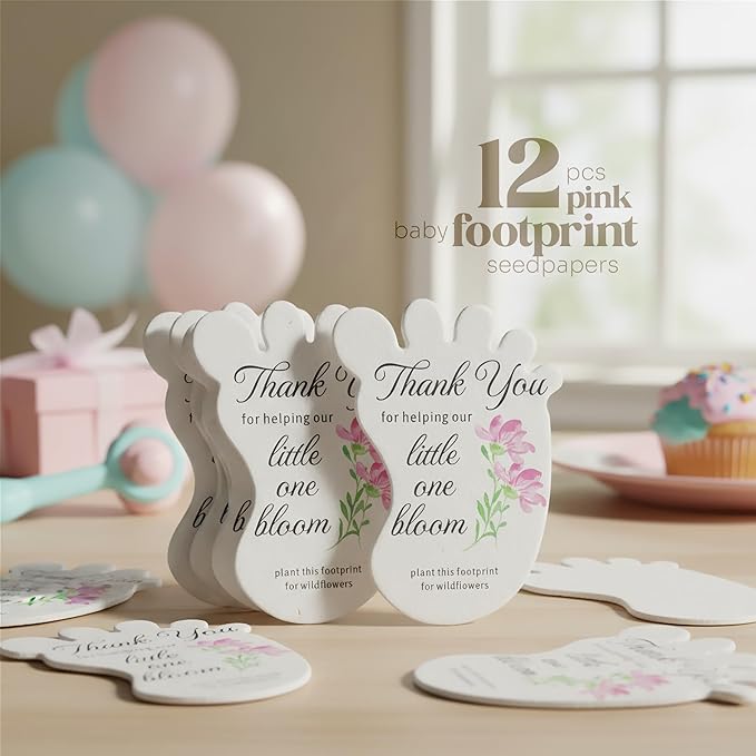 Baby Footprint Seed Paper – 12 pcs Pink Baby Shower Favors for Guests with Wildflower Seeds, Writable & Plantable, Gender Reveal, Birthday Gifts for Guest