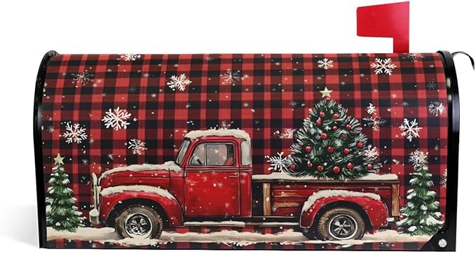 SUABO Mailbox Cover Red Truck Plaid Christmas Tree Oversize Magnetic Mailbox Covers Wraps for Christmas Home Yard Garden Decor