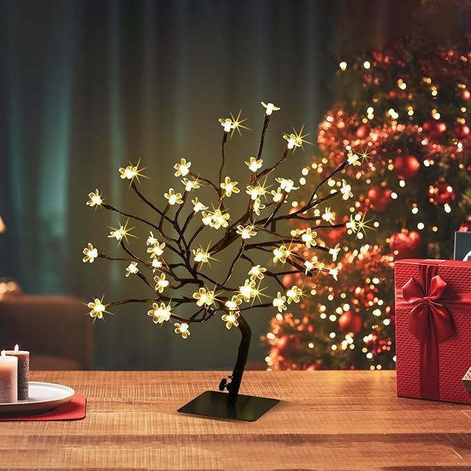 Cherry Blossom Tree Lights,Artificial Bonsai Tree with 48 Warm White LED Lights, 16.2 Inch Prelit Cherry Blossom Lamp for Christmas Party Wedding Gift Home Tabletop Decoration