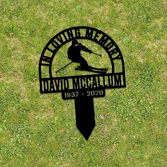 Custom Skiing Memorial Metal Stake – Personalized Grave Marker, In Loving Memory, Skier Cross, Sympathy Yard Art (Skiing Memorial)