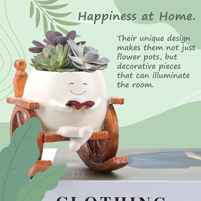 Smily Face Planter Pot, Cute Resin Flower Head Planters for Indoor Outdoor, Unique Sitting Rocking Chairs Succulent Pots, Cute Plant Gifts for Plant Lovers