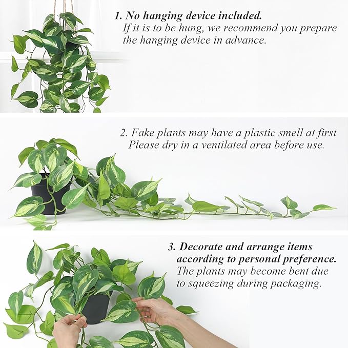 Realistic Artificial Pothos Vines with Pots - Fake Hanging Plants for Indoor Decor, Low Maintenance Silk Faux Greenery(2 PCS)