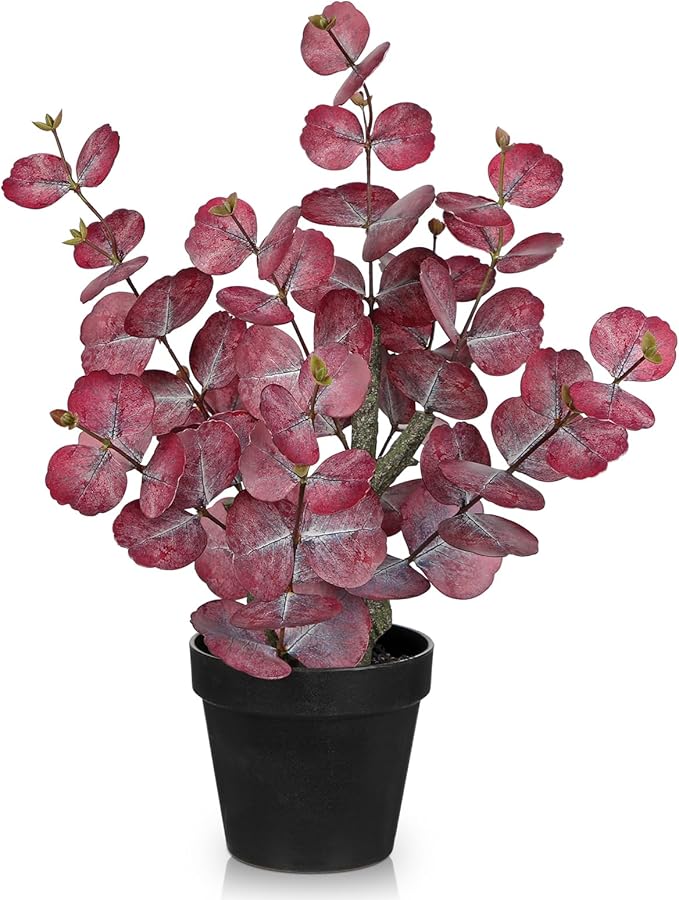 Artificial Plants Indoor with Pot, 18" Tall Faux Plants Indoor Silk Plant, Fake Potted Plant Small Eucalyptus Tree for Living Room Bathroom Kitchen Farmhouse Office Desk Table Shelf Decor, Red