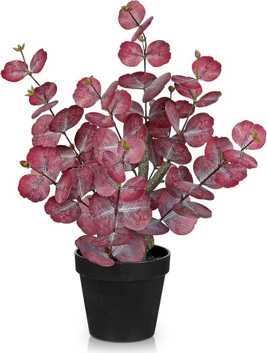 Artificial Plants Indoor with Pot, 18" Tall Faux Plants Indoor Silk Plant, Fake Potted Plant Small Eucalyptus Tree for Living Room Bathroom Kitchen Farmhouse Office Desk Table Shelf Decor, Red