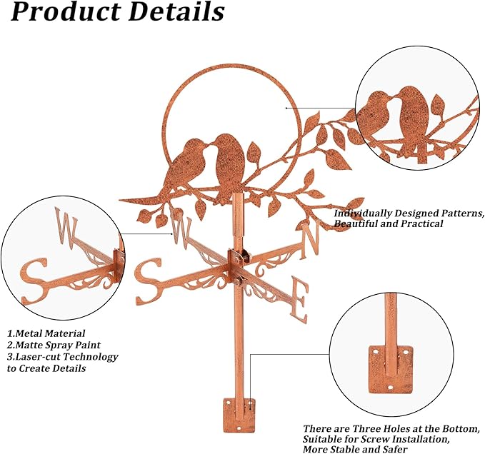 SUPERDANT Tree Branch Bird Weather Vane Three Birds Wind Vanes for Yard Metal Weathervane Roof Mount for Gardens Outside Reddish Copper Weathervanes Farmhouse Farm Barn Sheds Patio Decorations