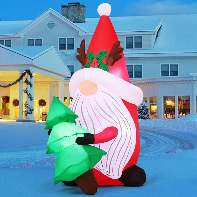 COMIN 5.2 FT Christmas Inflatables Outdoor Decorations Inflatable Gnomes Hold Christmas Tree Blow Ups with Built-in LEDs for Yard Party Lawn Decor