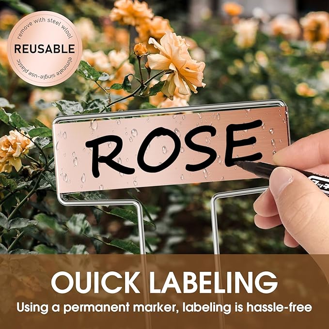 25PCS Copper Metal Plant Tags Plant Labels with 50Pcs Labels, Rainproof PET Film & 2 Permanent Pen, 6.1 inch Weatherproof Banner Garden Markers, Marking Protection Seedling Signs Nursery Tags