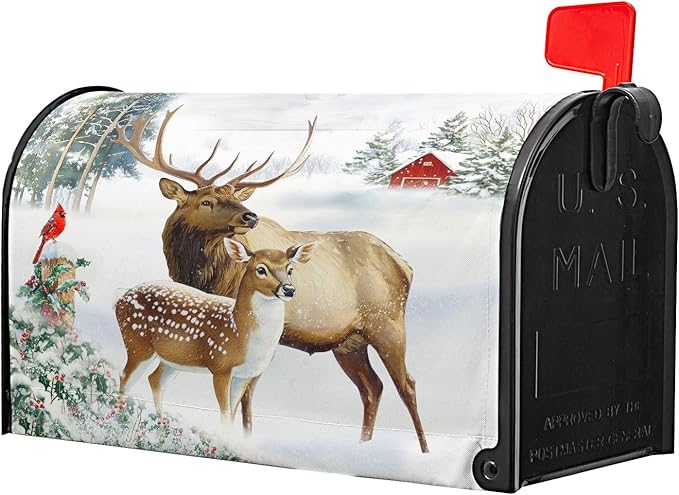 Winter Deer Mailbox Cover Magnetic- Christmas Reindeer Moose Elk Mailbox Wrap- Large Size 25.5x21 Inch Waterproof Letter Post Cover for Garden Yard Outdoor Farmhouse Decor
