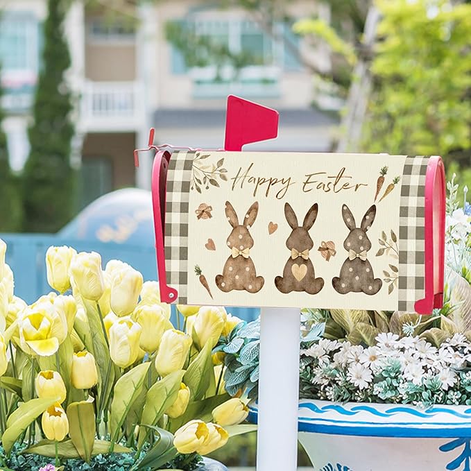 Happy Easter Mailbox Cover, Magnetic Standard Size 21x18 Inches, Spring Bunny Rabbits Egg Carrot Mailbox Wrap Post Cover with Buffalo Plaids for Garden Yard Outdoor Home Decor