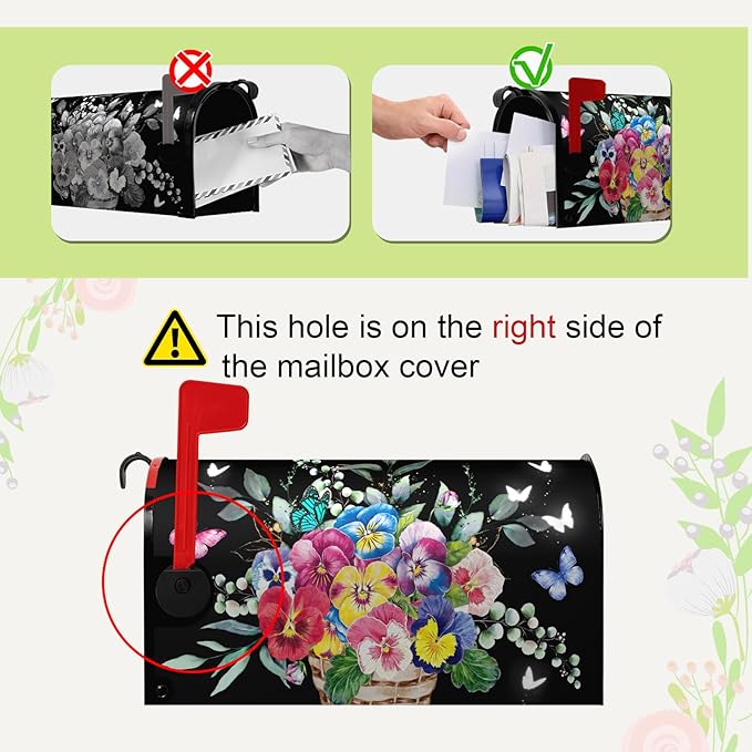 Summer Flower Mailbox Covers Magnetic Pansy Floral Mailbox Post Cover Black Colorful Pansies Butterfly Mail Box Wraps Waterproof for Garden Yard Standard Size 21x18 Inch
