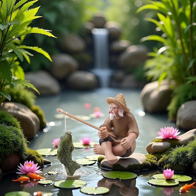 2Pcs Miniature Fisherman Figurine, Chinese Mudman Sitting Garden Statue, Outdoor Ornament Decor