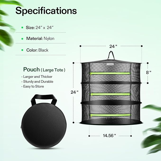 VIVOSUN 3-Layer Mesh Drying Rack Hanging Design with Green Zippers for Dehydrating, Indoor and Outdoor Pruning Shears Included