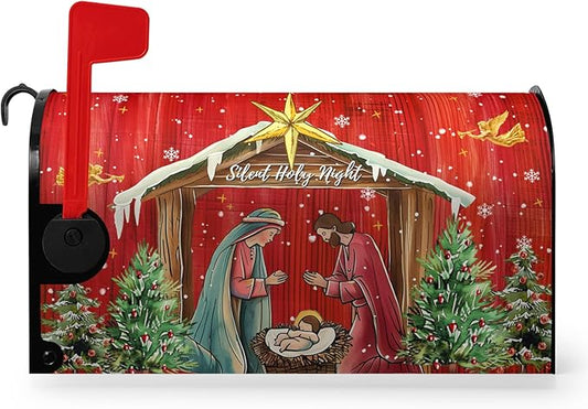 Christmas Mailbox Cover Holy Night Nativity Oversized Magnetic Mailbox Covers Religious Xmas Jesus Nativity Scene Decorative Post Letter Box Wrap for Winter Holiday Large Size 25.5 X 21 Inch