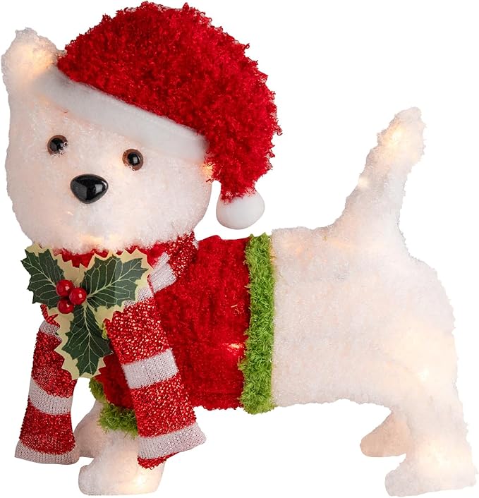 Christmas Lighted Dog Decoration Pre-lit 3D Glittered Fluffy Puppy Battery Operated Lighted Up Standing Ornament Outdoor Indoor Christmas Decoration for Home Lawn Yard Garden Display