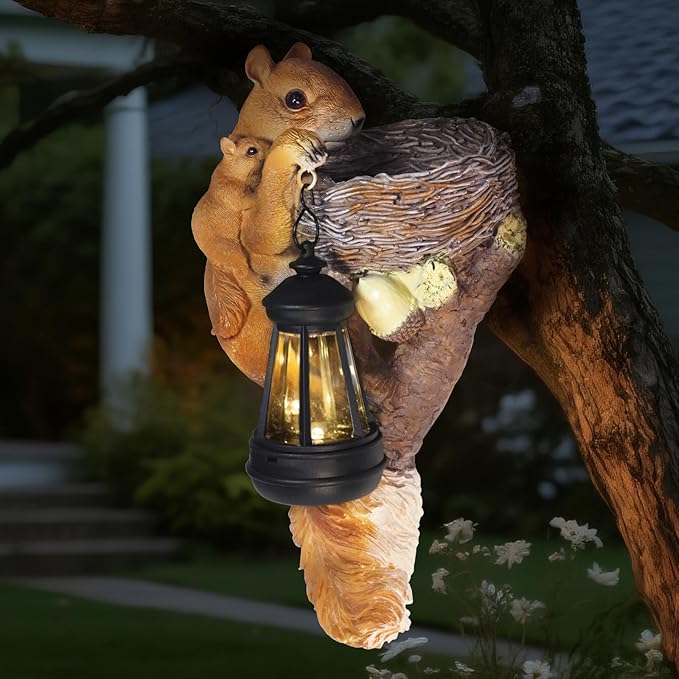 Solar Garden Decor: 11.8-Inch Squirrel Resin Statue Bird Feeder - Solar Statue, Lawn Ornament,Yard Decorations Outdoor, Garden Decor Unique Birthday Housewarming Gifts for Mom, Women,