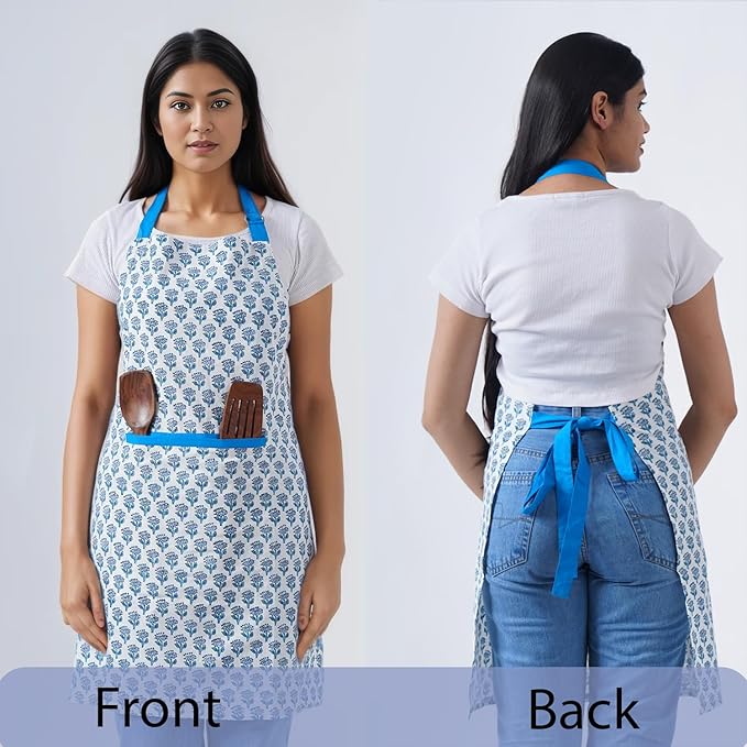 CPC Cotton Floral Kitchen Apron for women with Pocket and Adjustable Neck Ties. Apron for Women Men Chef-Hand Block Printed
