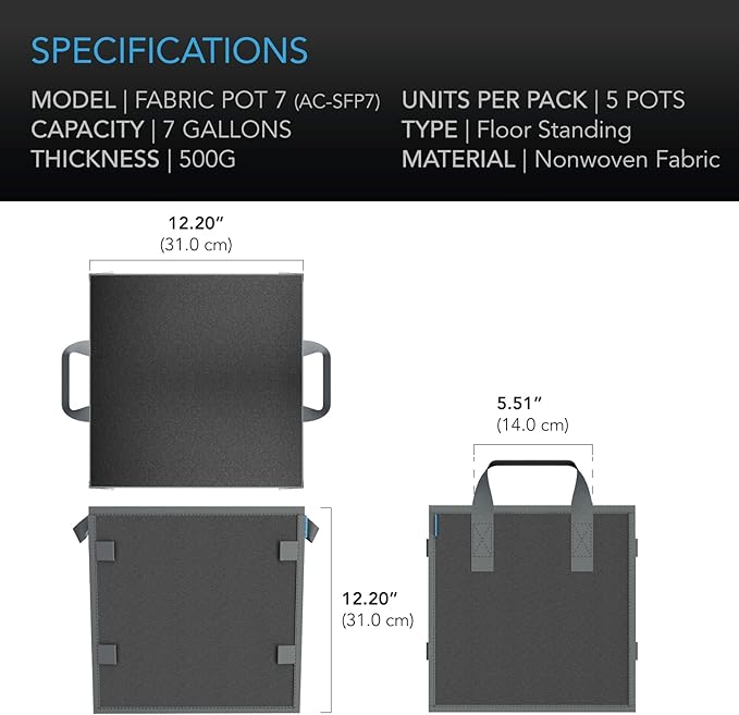 AC Infinity Square Heavy Duty Fabric Pots, 7 Gallon Aeration Reusable Grow Bags 5-Pack with 500G Thick Nonwoven Fabric and Plant Stake Loops, for Garden Growing Fruits, Vegetables, and Flowers