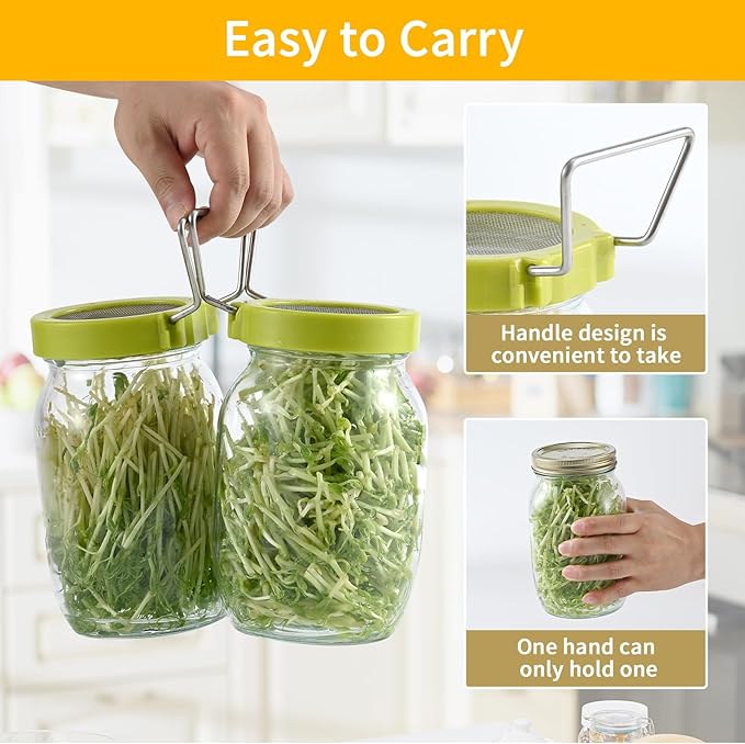 4 Set Seed Sprouter Kit for Wide Mouth Jars - Germination Tray with 316 Stainless Steel Mesh, BPA Free Plastic Drip Tray & Tilted Lid for Bean Sprouts, Broccoli, Alfalfa, Microgreens