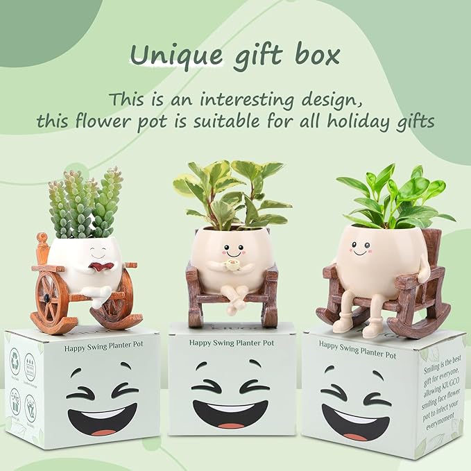 Smily Face Planter Pot, Cute Resin Flower Head Planters for Indoor Outdoor, Unique Sitting Rocking Chairs Succulent Pots, Cute Plant Gifts for Plant Lovers