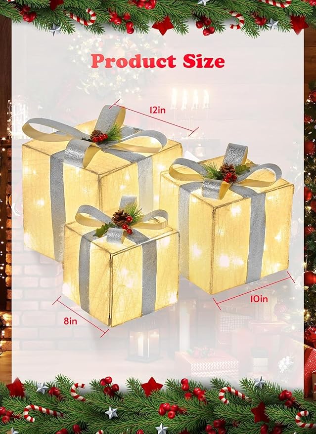 Brightown 3 Pieces Lighted Gift Boxes Outdoor Christmas Decorations, 12" 10" 8" with 60 Pre-Lit Mini String Lights，Foldable LED Boxes with Bows for Tree Indoor Outdoor Party Yard Home Decor
