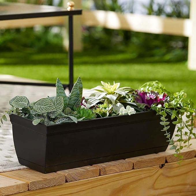 The HC Companies 30 Inch Eclipse Window Planter Box with Drainage Holes & Attached Saucer, Lightweight UV-Resistant Plastic Outdoor Planters, 2-Pack Flower Box for Garden & Home Decor, Clay