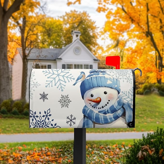 Winter Snowman Mailbox Cover Blue Bird Mailbox Covers Magnetic Snowflake Post Letter Box Cover Standard Size 21x18 inch for Garden Outdoor Yard Decor White
