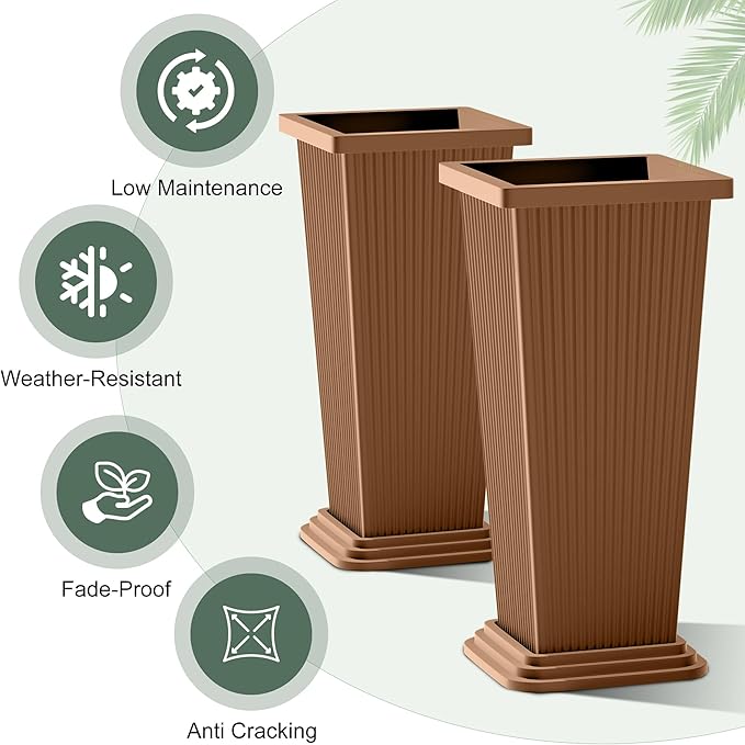 Set of 2 Large Planters for Outdoor Plants 24" Tall Tapered Modern Flower Pots with Drainage Tray for Garden, Patio, Porch (Brown Ribbed)
