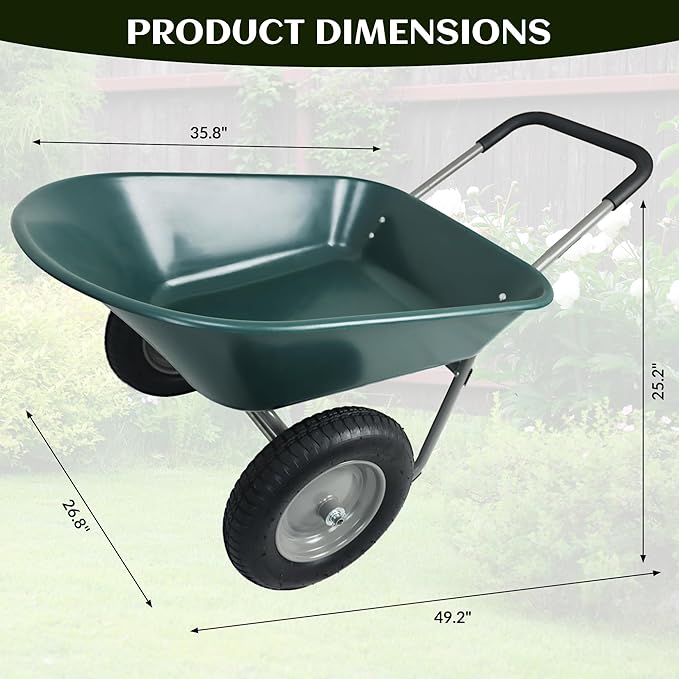 Elevon Wheelbarrow Garden Cart, Heavy Duty Home Utility, Dual-Wheel Home Garden Yard Utility Wheelbarrow Cart with Built-in Stand, Green