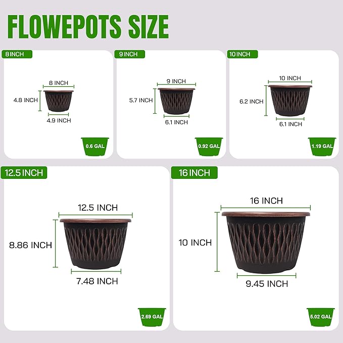 6 Pack 8 Inch Retro Plant Pots, Vintage Striped Flower Pots with Drainage Hole & Saucer, Large Plastic Planters for Indoor and Outdoor Plants, Decorative Garden Pots(Copper)