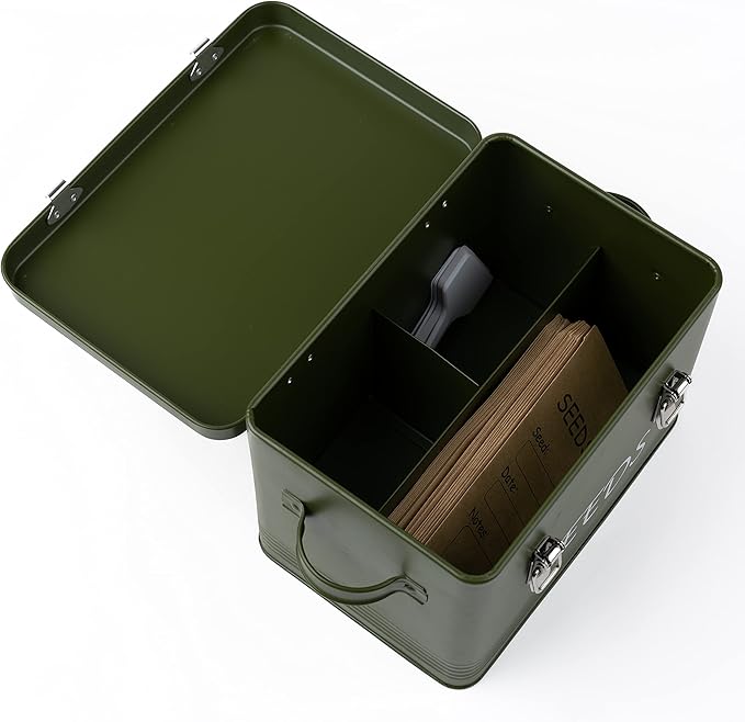 Seed Storage Box Garden Seed Packet Storage Organizer Seed box with dividers, Comes with 10 Seed envelopes, 10 Plant Labels