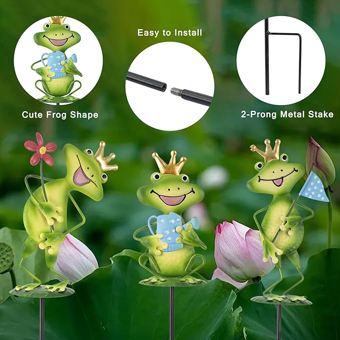 3 Pack Metal Garden Stakes, 14.2" Frog Garden Stakes for Spring Decor, Metal Yard Art for Outdoor & Outside Lawn Patio Pathway Decoration